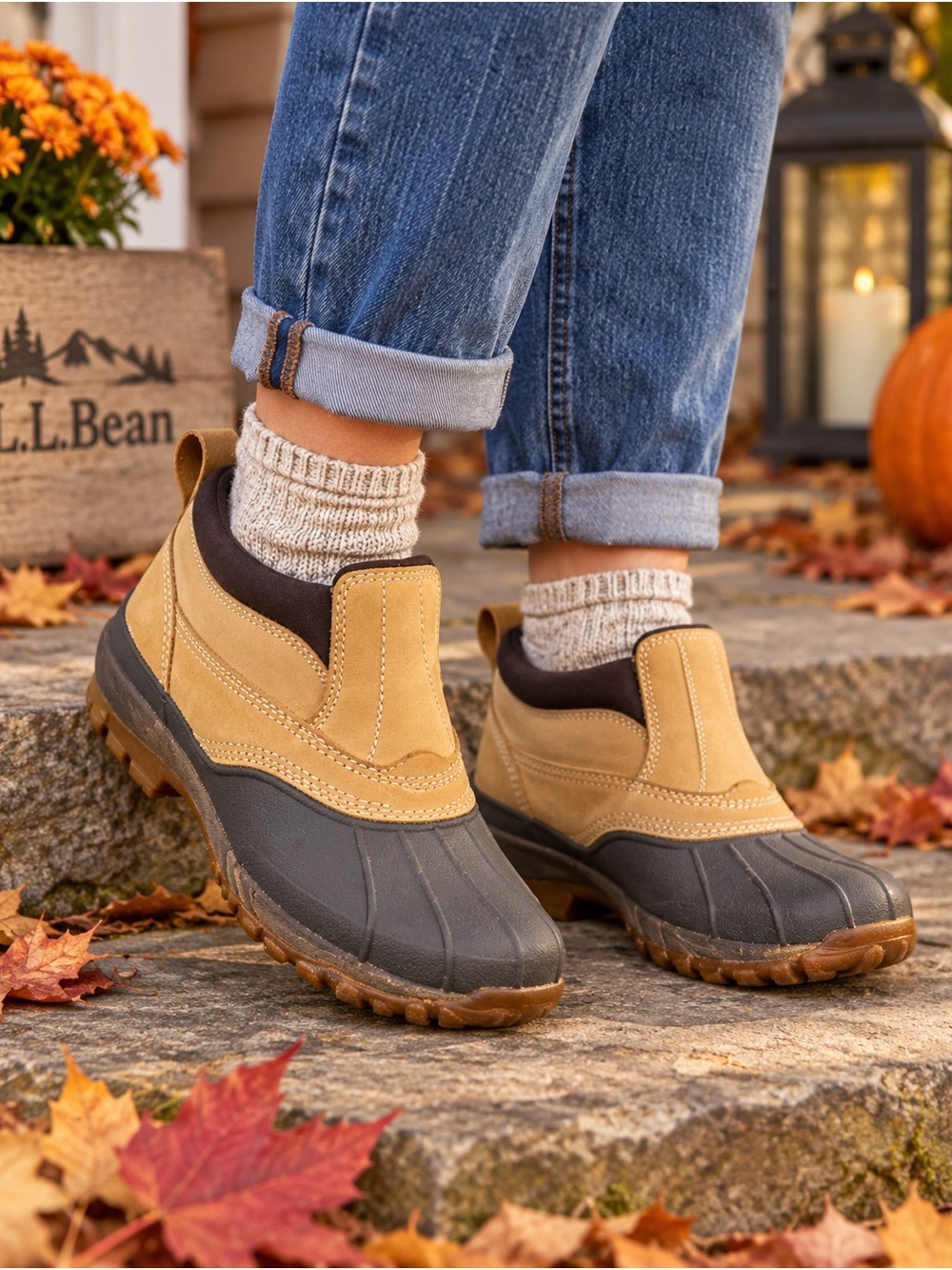 L.L. Bean Menโs Tan and Black Slip-On Duck Boots